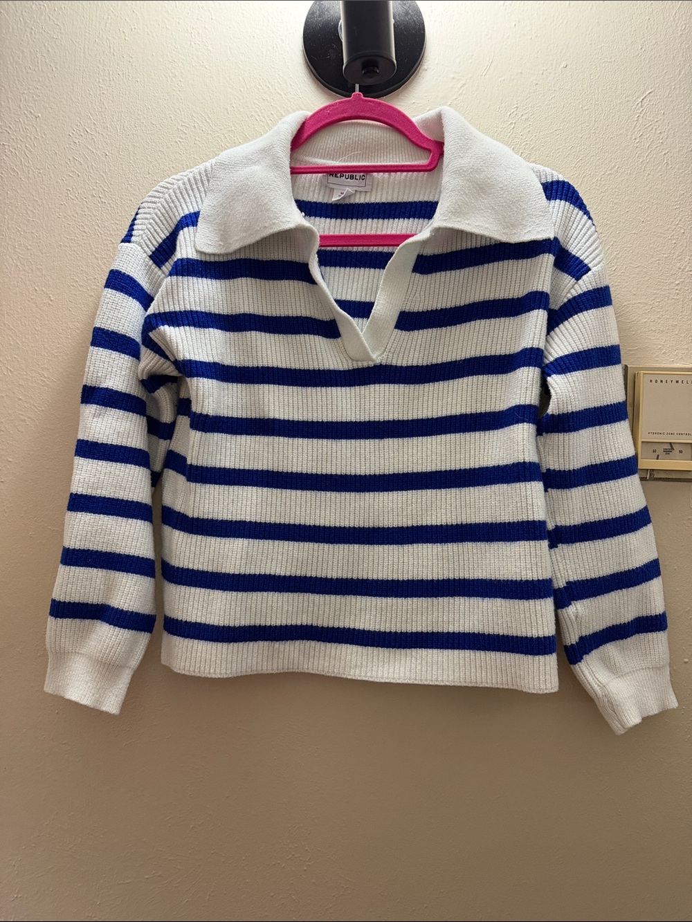 For The Republic White and Blue Striped V-Neck Sweater